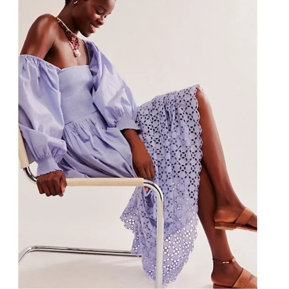 Free People Perfect Storm Smocked Eyelet MIDI Dress in Blue Heron